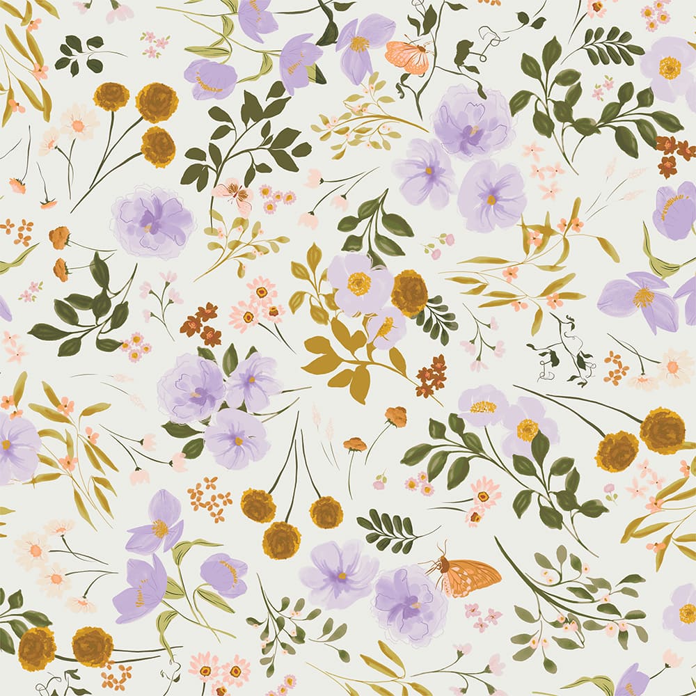 Eugene Textiles Purple & Gold Floral on White Cotton Quilting Fabric