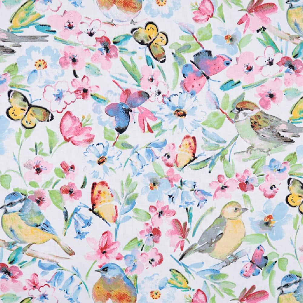 Fumatex White Spring Floral Birds Craft Cotton Fabric