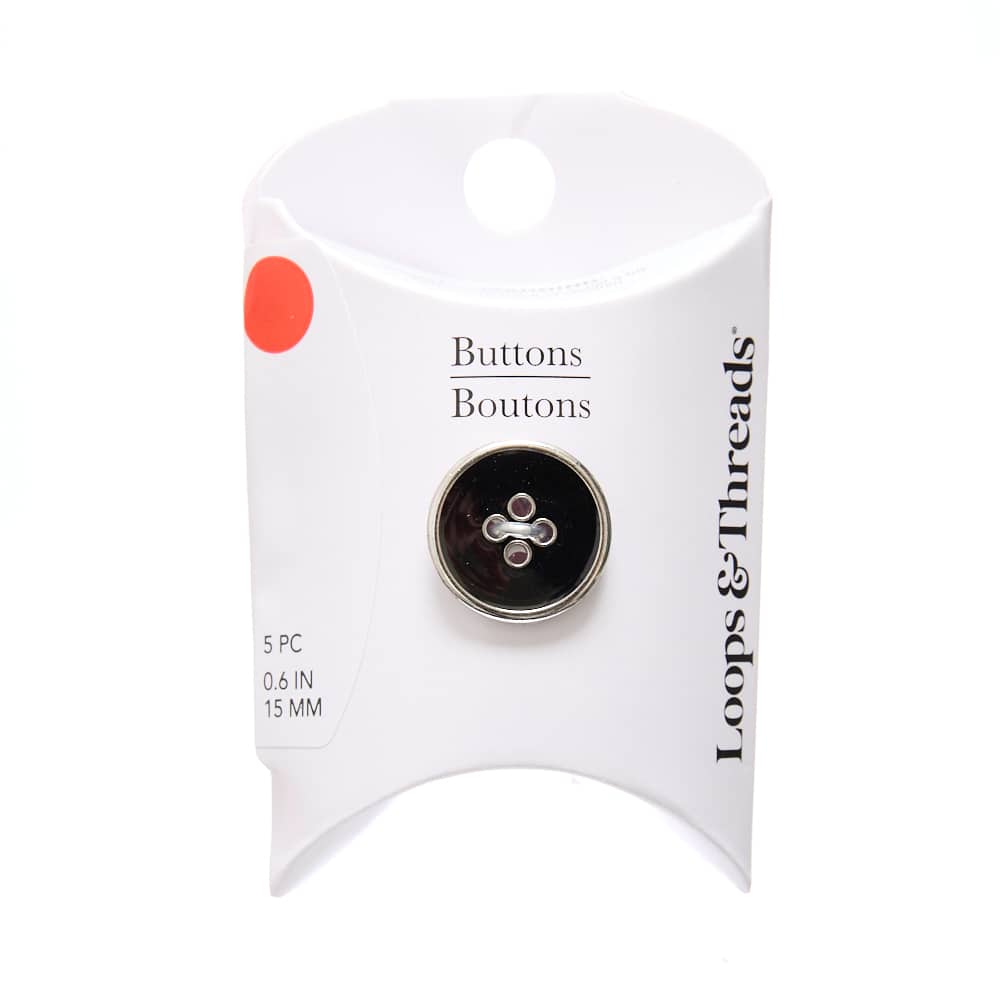 15mm Black Inner on Silver Round Metal Buttons, 5ct. by Loops & Threads®