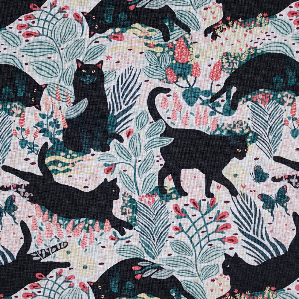 Fumatex Black Cats on Floral Craft Cotton Fabric