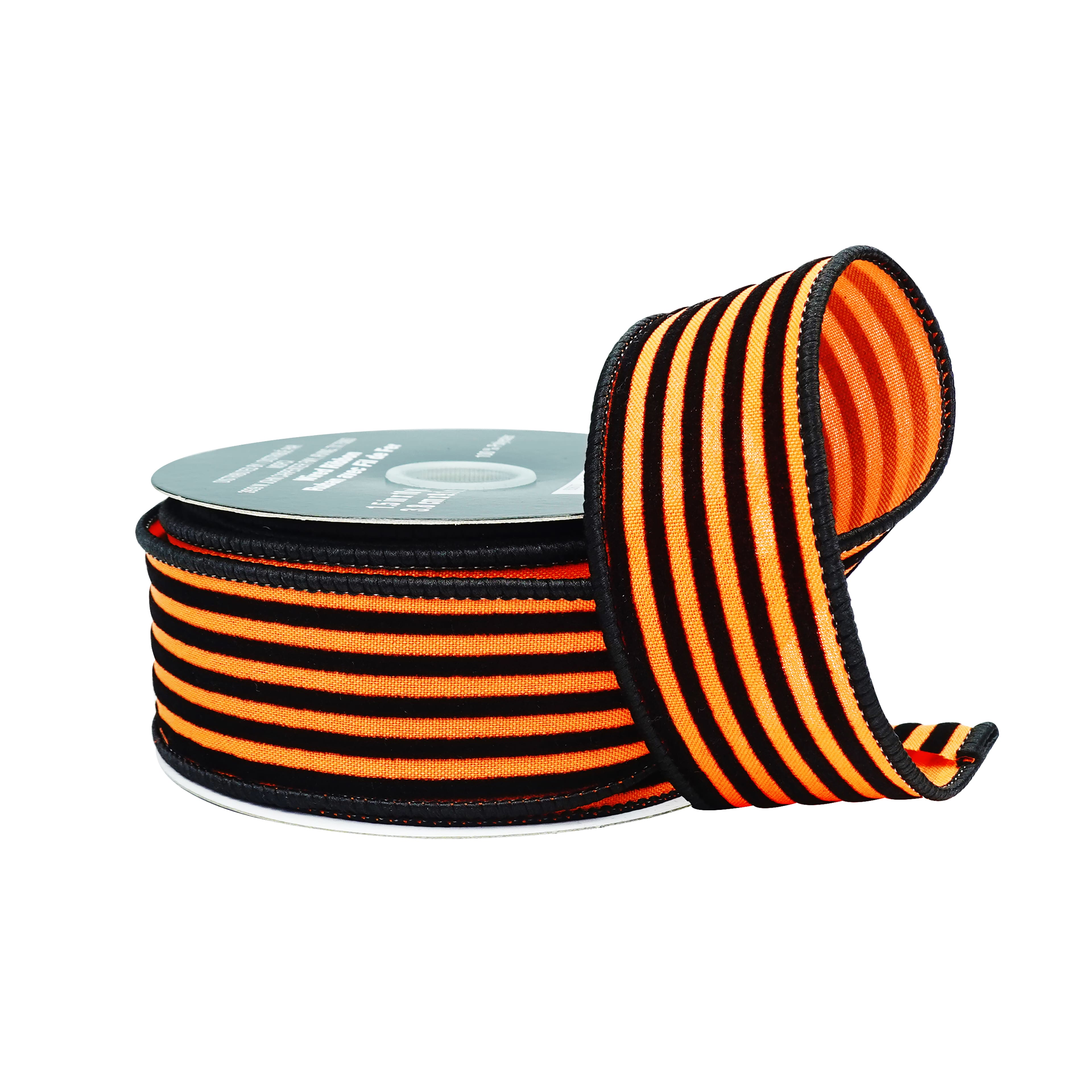1.5" x 10yd. Orange & Black Flocked Stripes Wired Ribbon by Celebrate It®