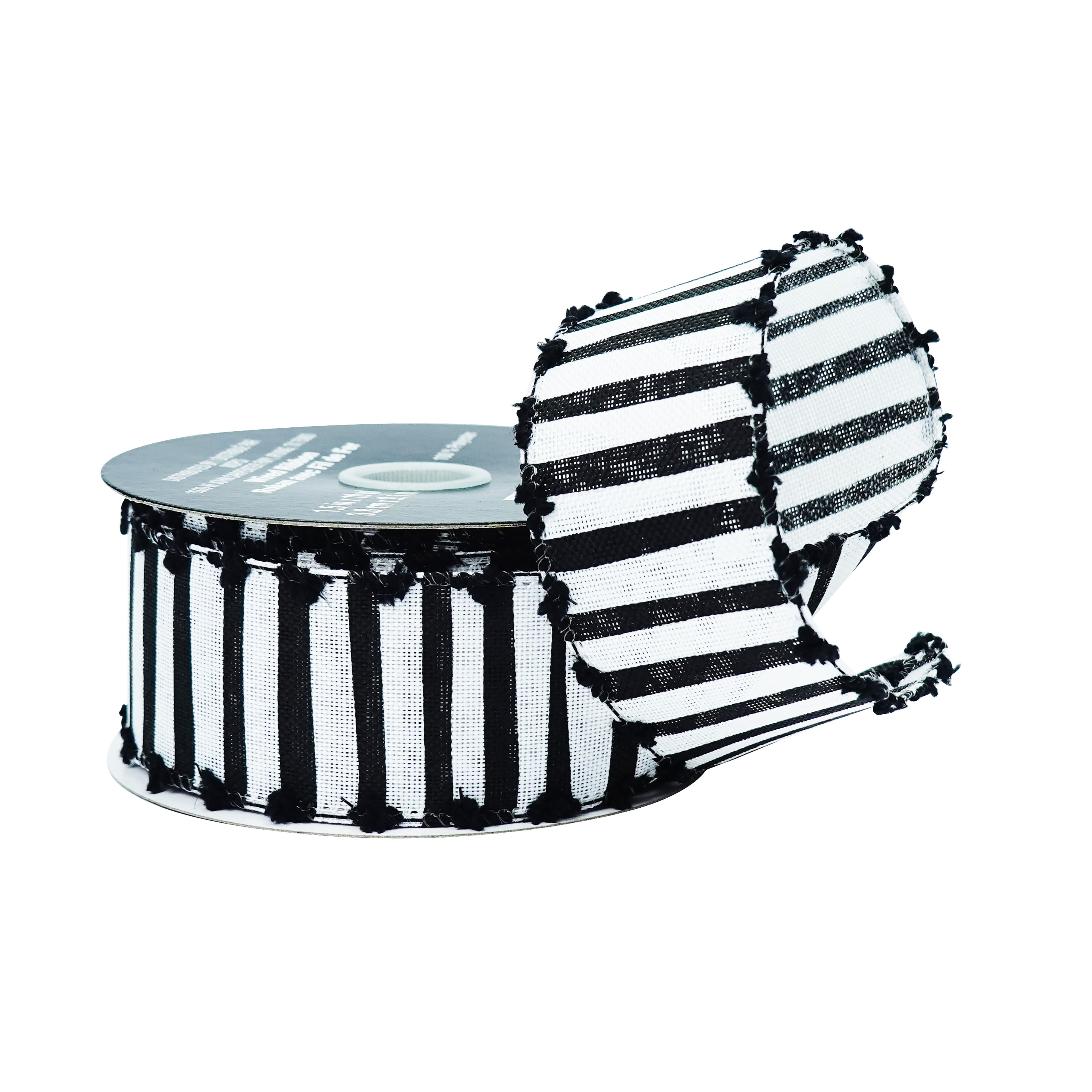 1.5" x 10yd. Black & White Stripes Pom Pom Edged Wired Faux Linen Ribbon by Celebrate It®