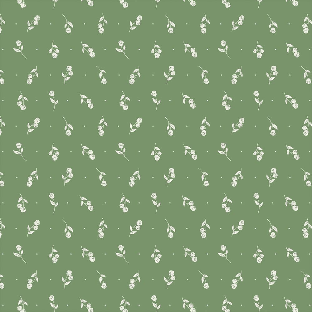 Eugene Textiles White Rose on Green Cotton Quilting Fabric